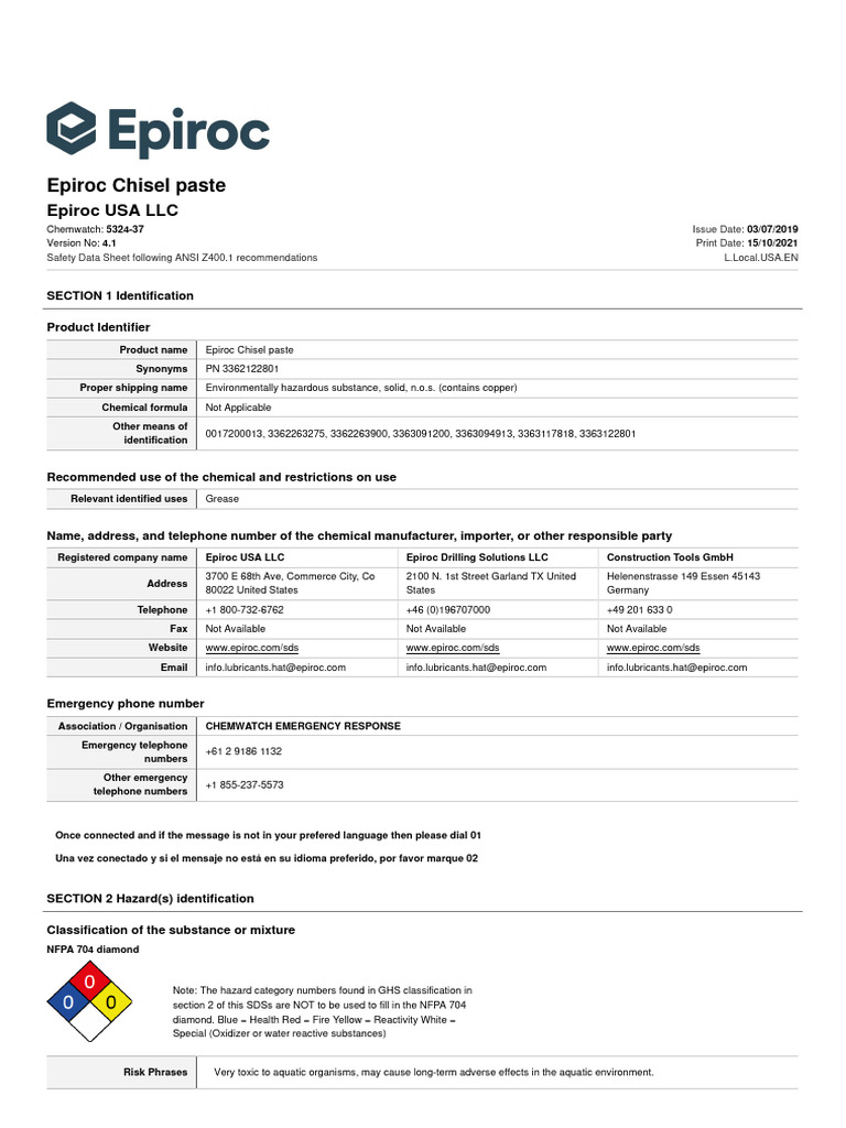 MSDS CHISEL PASTE - EPIROC | PDF | Toxicity | Copper