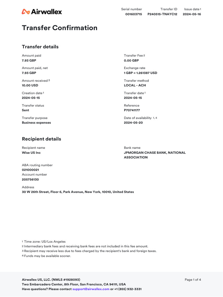 TransferConfirmation Wise US Inc P240515-TNAYC12 | PDF | Receipt