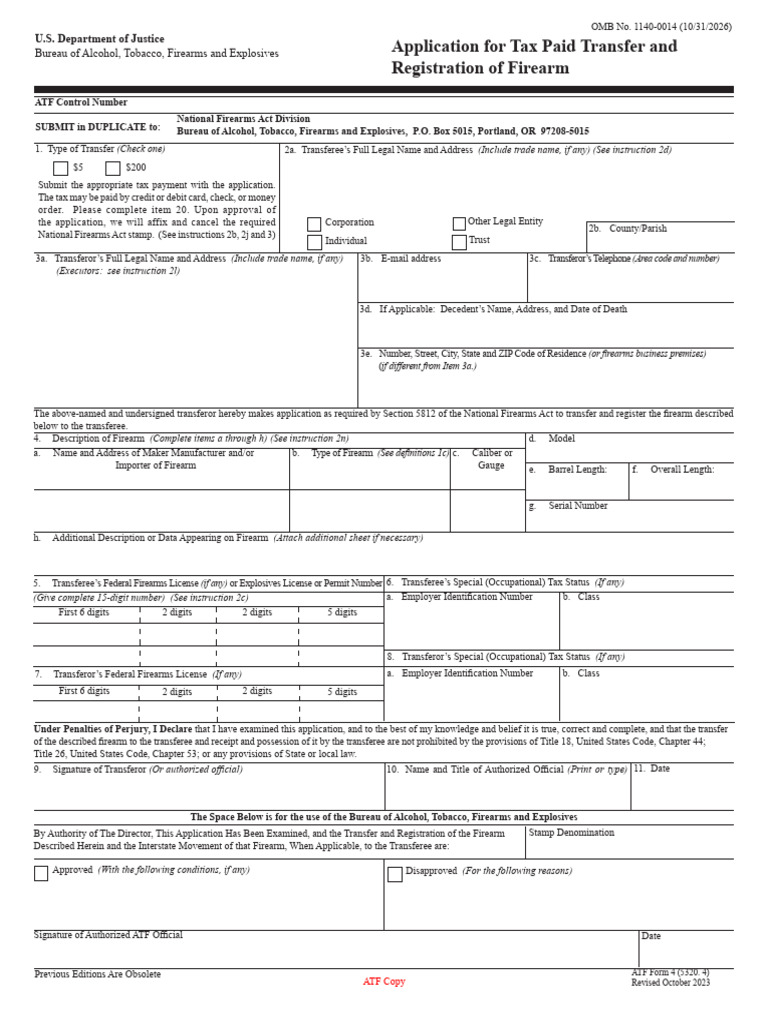 ATF Form 4: Firearm Transfer Application | PDF | Credit Card | Felony