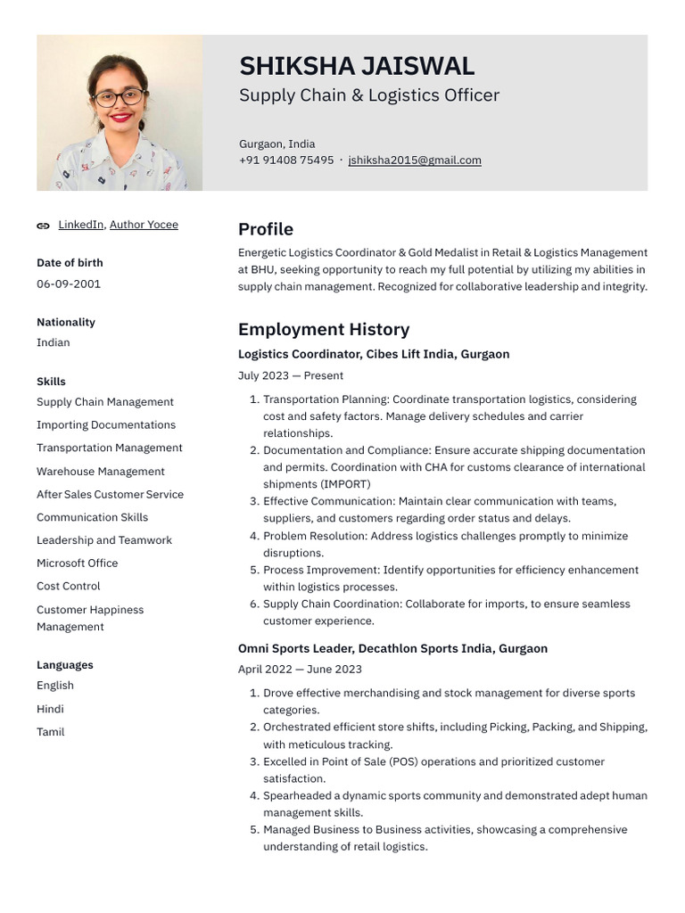 Shiksha CV Receiving Incharge PDF Logistics Supply Chain Management