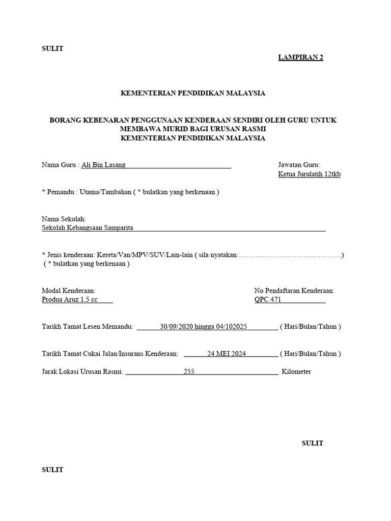 Borang Kebenaran Menggunakan Kenderaan Sendiri KPM | PDF