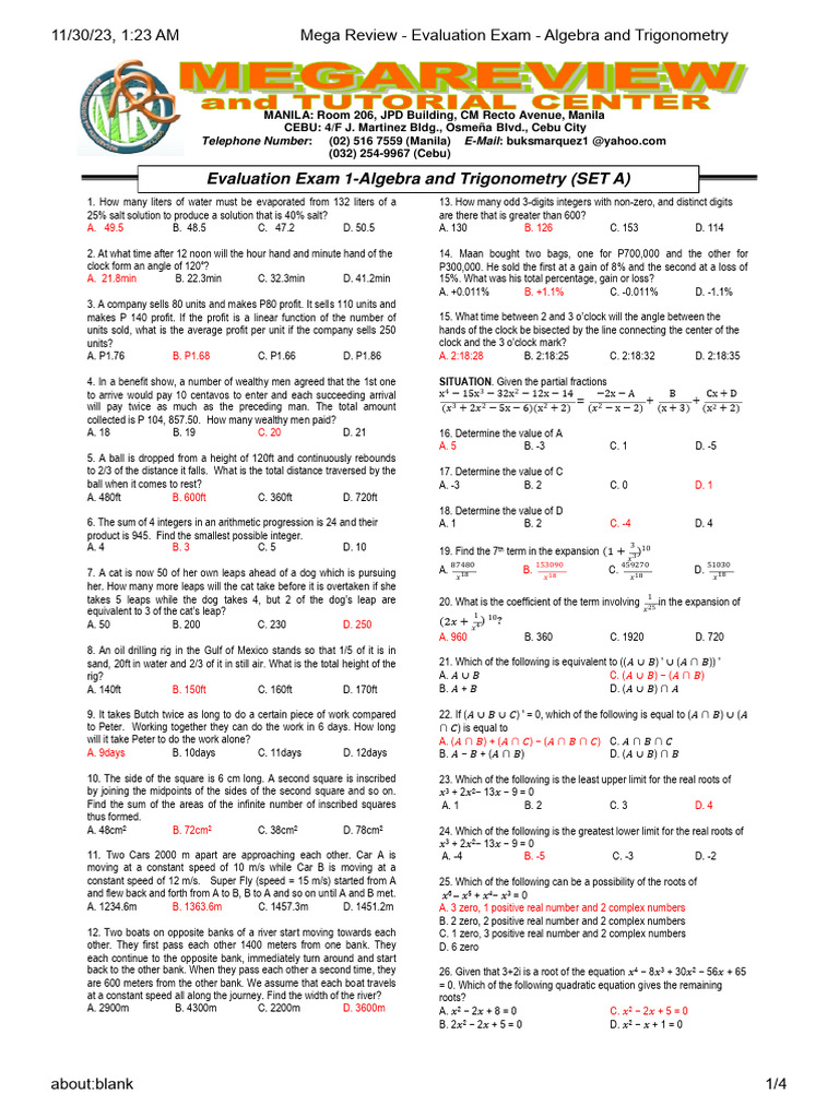 Algebra & Trigonometry Exam Review | PDF | Triangle | Elementary ...