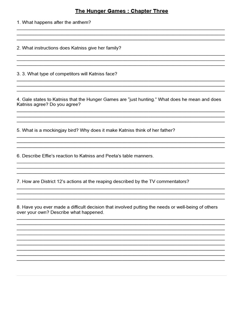 The Hunger Games Chapter 3 Reading Questions | PDF | The Hunger Games for Free Printable Hunger Games Worksheets