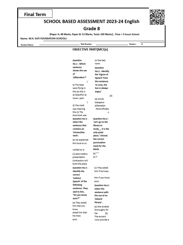 Grade 8 English Assessment 2023 | PDF | Verb | Linguistics