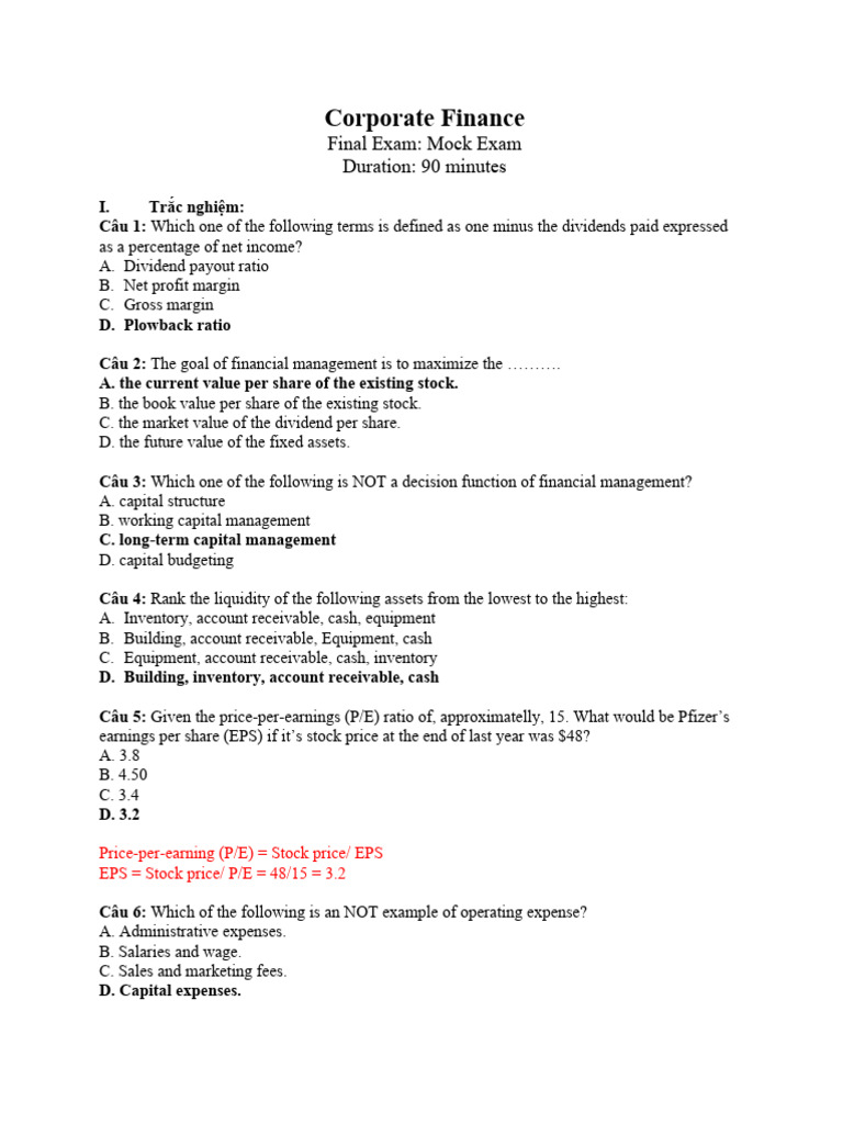Corporate Finance Mock Exam Answer | PDF | Net Present Value | Dividend