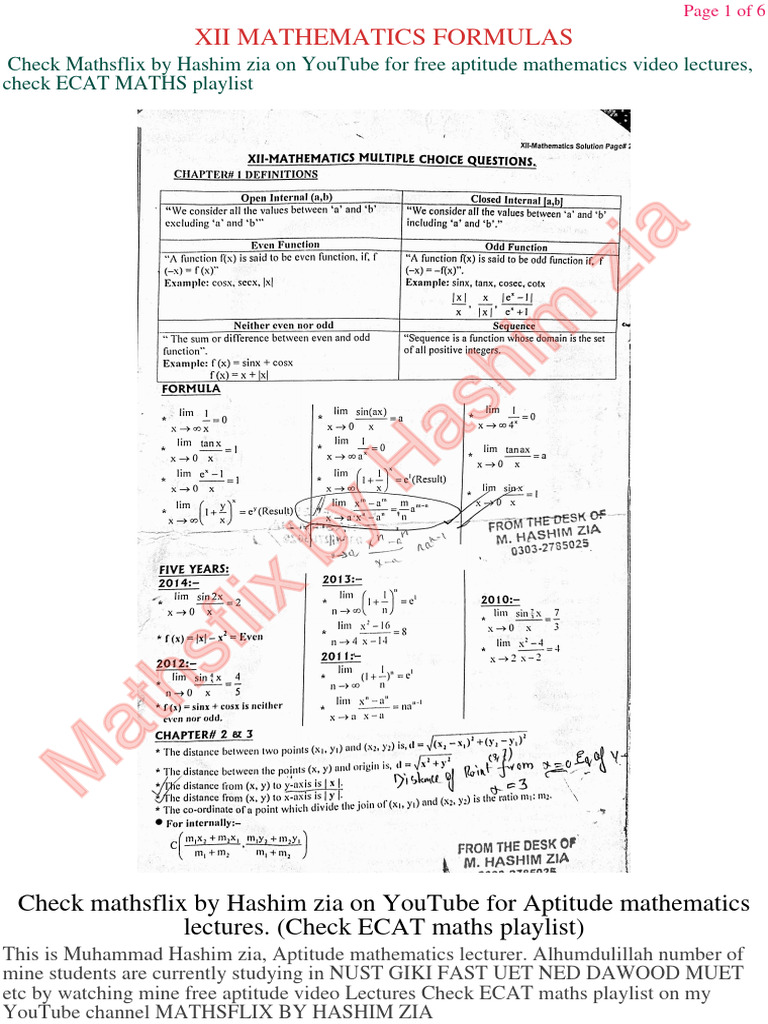 2nd Year (XII) Maths Formulas For Entry Tests Preperations | PDF | Mass ...