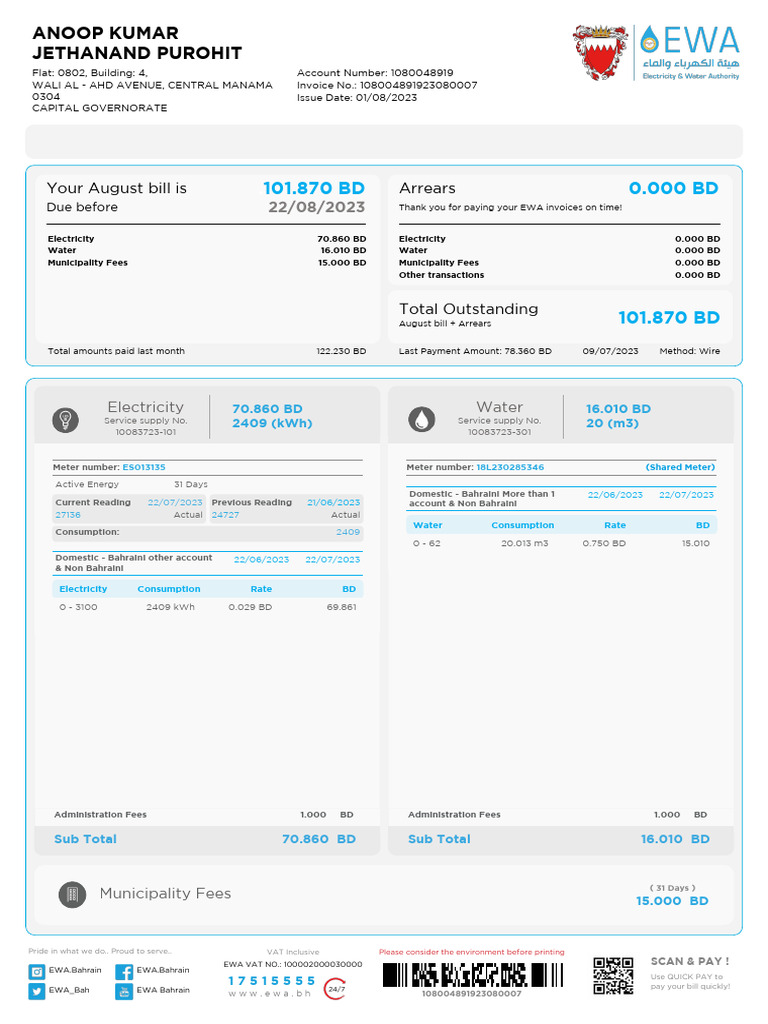 EWA August Bill Invoice Summary | PDF | Bahrain | Value Added Tax