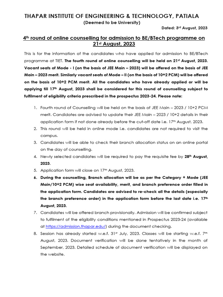 Thapar 4th Round Counselling Details 2023 | PDF | Technology & Engineering