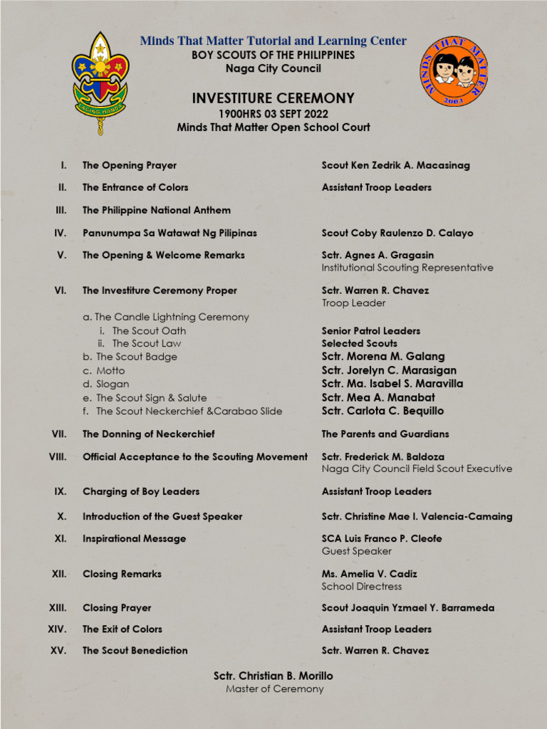 Troop Investiture Ceremony Program | PDF | Scouting | Youth Organizations