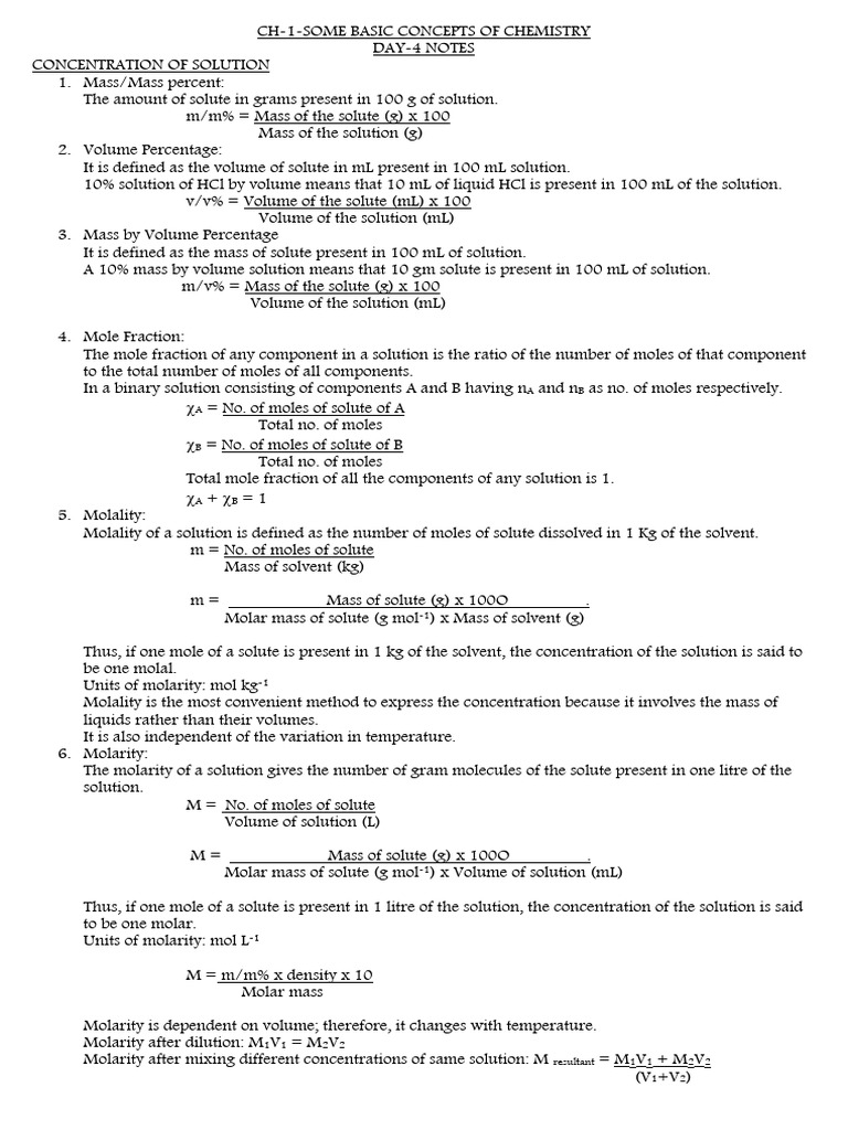 Chemistry Solution Concentration Concepts | PDF | Concentration | Mass ...