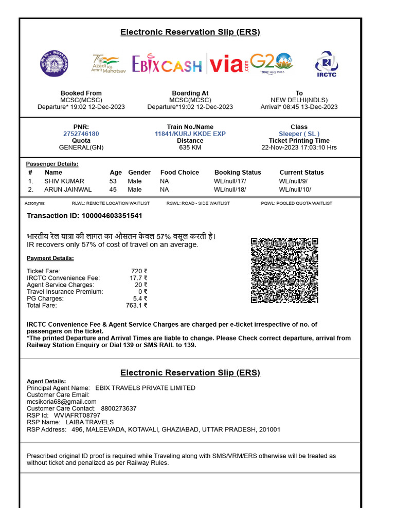 Kurj KKDE Exp (11841) Booking Details | PDF