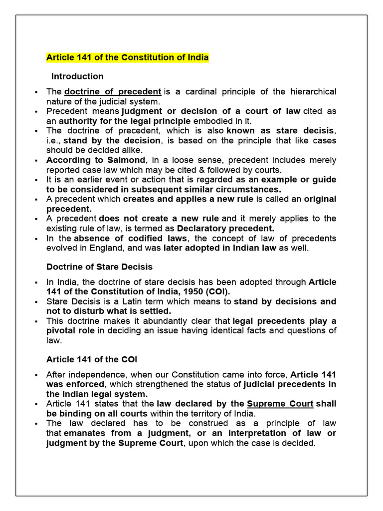 Understanding Article 141 of India's Constitution | PDF | Precedent ...