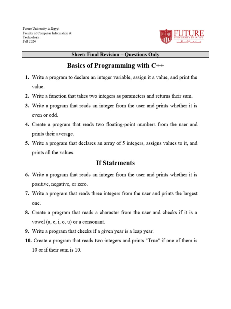 Final Revision Sheet (Questions) | PDF