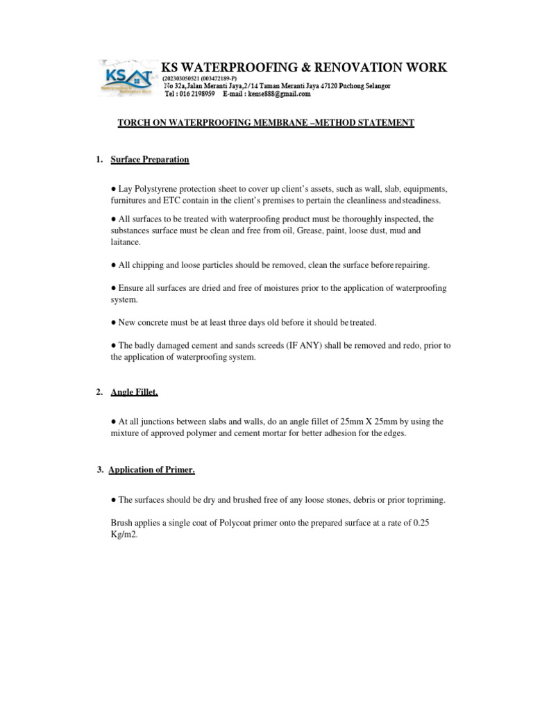Torch-On Waterproofing Method Statement | PDF | Concrete | Cement