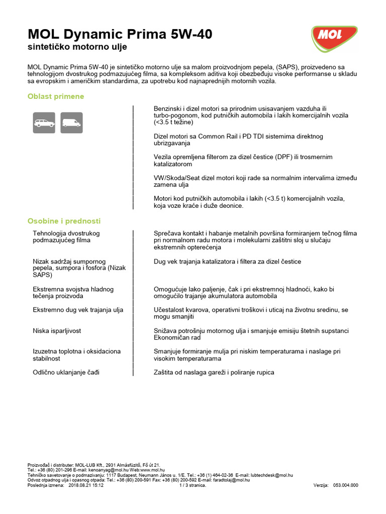 TDS_MOL Dynamic Prima 5W-40_SRB | PDF