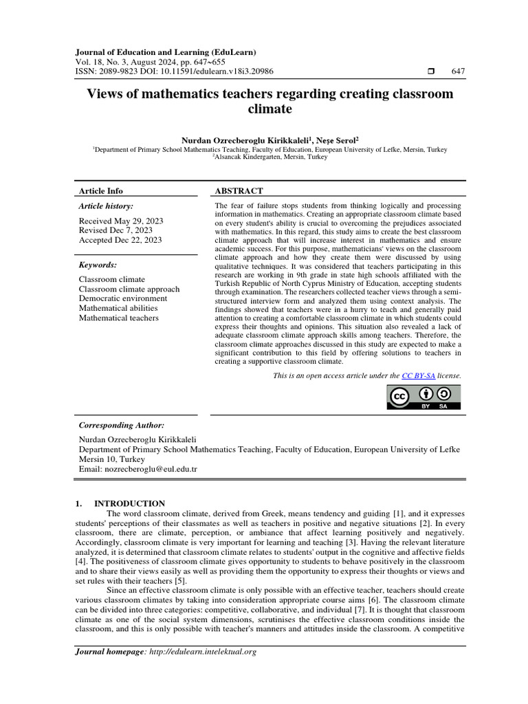 Views of Mathematics Teachers Regarding Creating Classroom Climate ...
