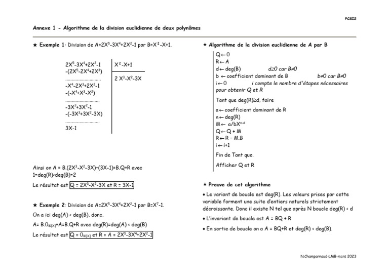 Algorithme de Division Euclidienne | PDF | Polynôme | Mathématiques ...