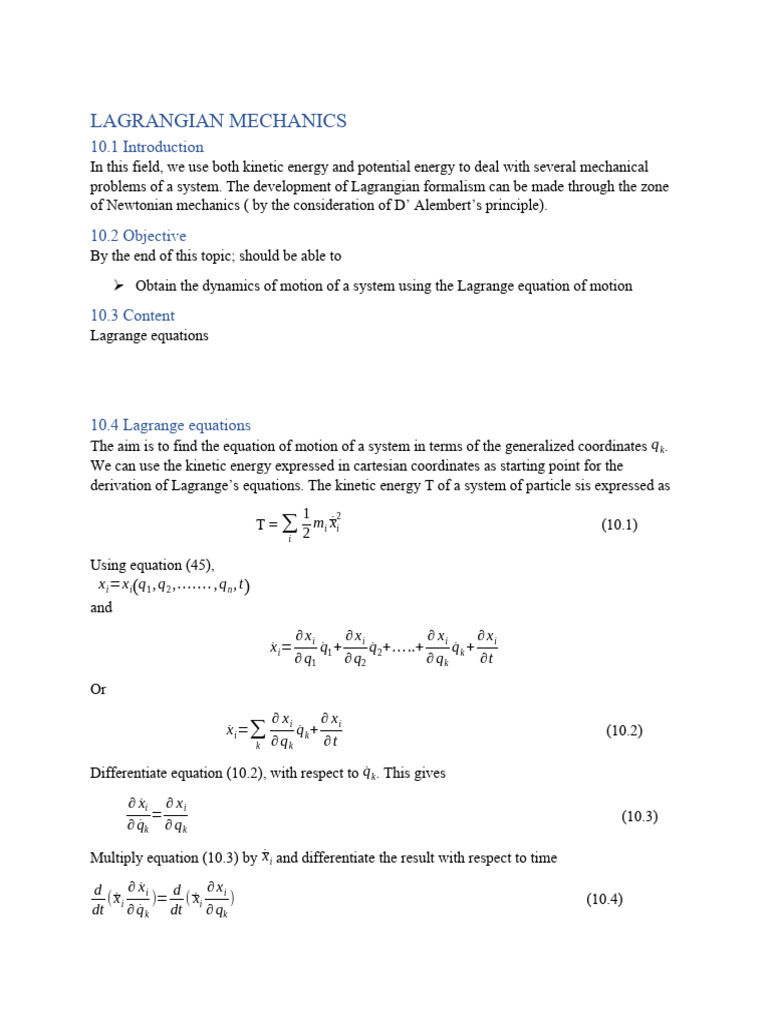 Lagrangian Mechanics Overview | PDF | Lagrangian Mechanics | Classical ...