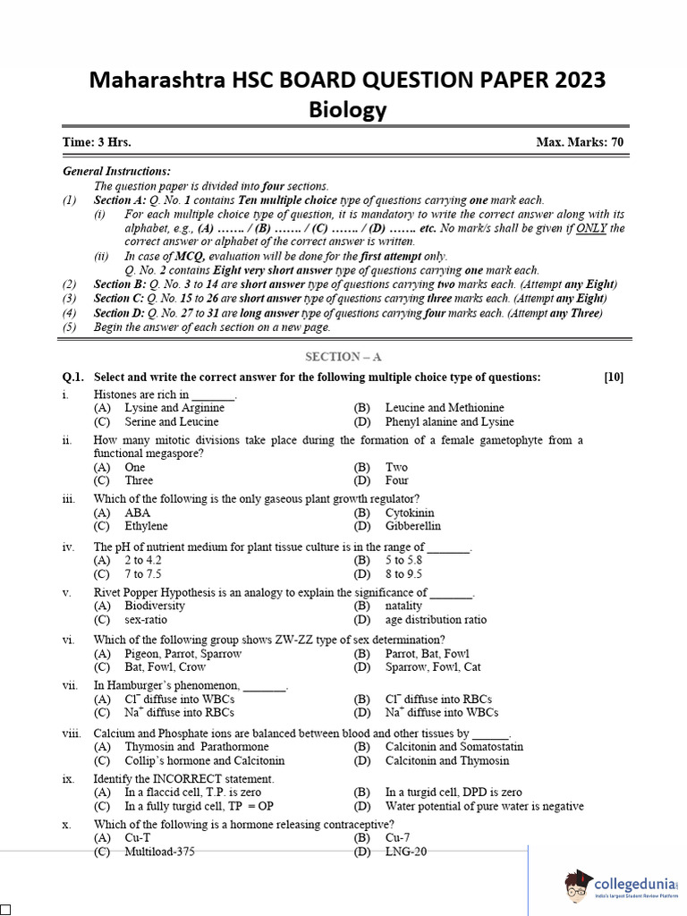 HSC Biology Question Paper 2023 | PDF | Flowers | Fertilisation