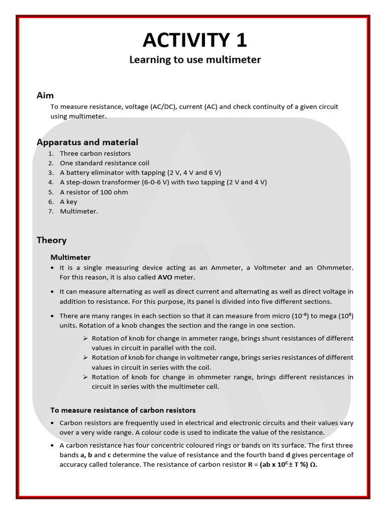 C. ACTIVITY 1 Learn To Use Multimeter | PDF | Resistor | Electrical ...
