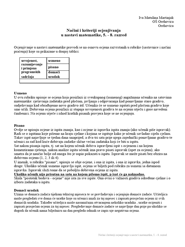 Načini I Kriteriji Ocjenjivanja U Nastavi Matematike, 5. - 8. Razred | PDF