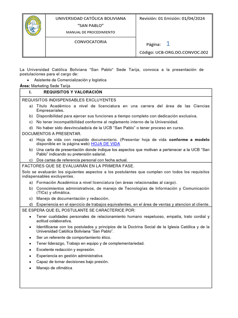 Convocatoria Asistente de Comercializacion y Logistica | PDF