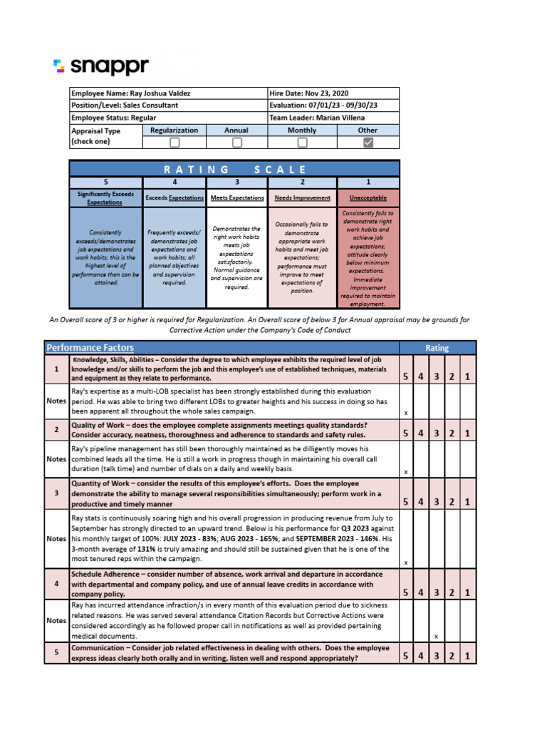 Q3 2023 Appraisal for Ray Valdez | PDF | Employment | Performance Appraisal