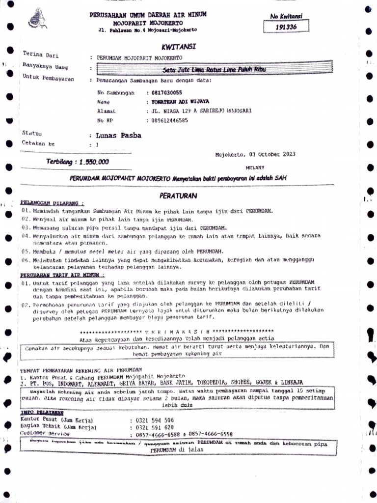 Contoh Kwitansi Pembayaran PDAM | PDF