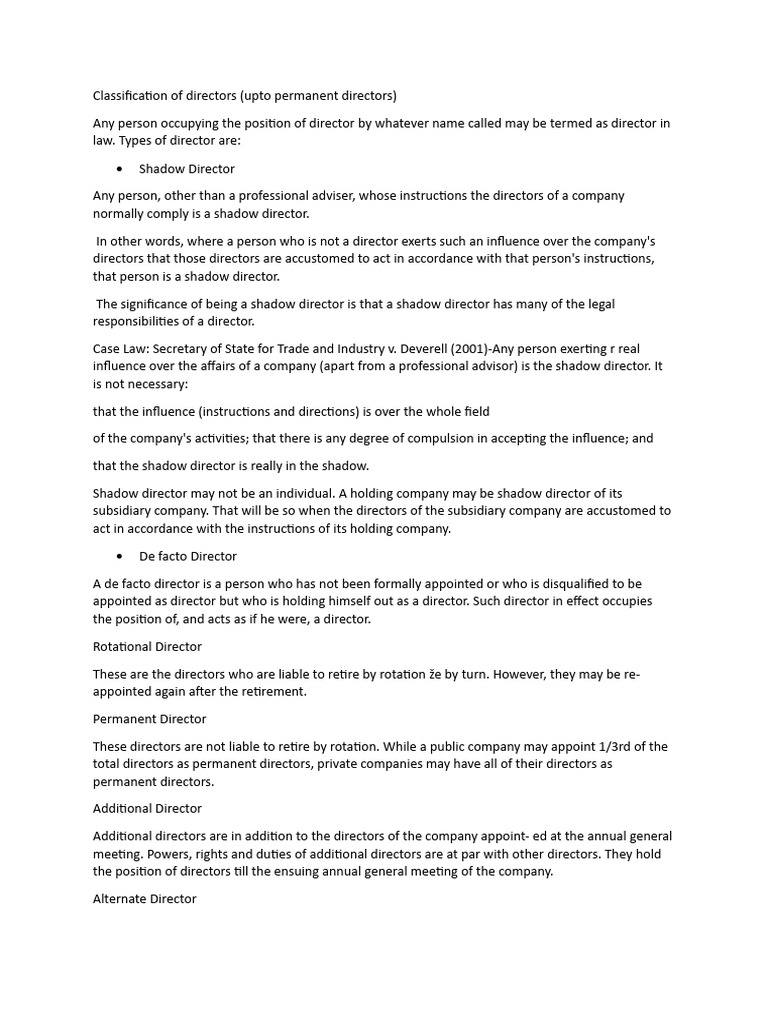 Types and Classifications of Directors | PDF | Business Law | Private ...