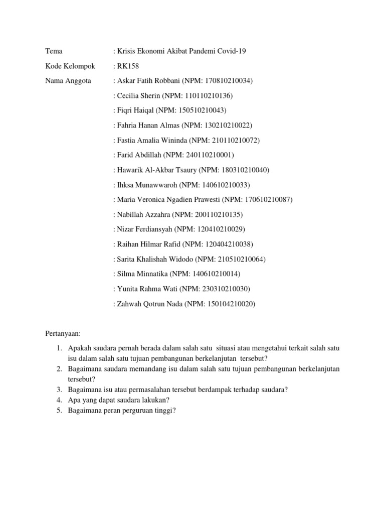 RK158 - Krisis Ekonomi Akibat Pandemi Covid-19 | PDF