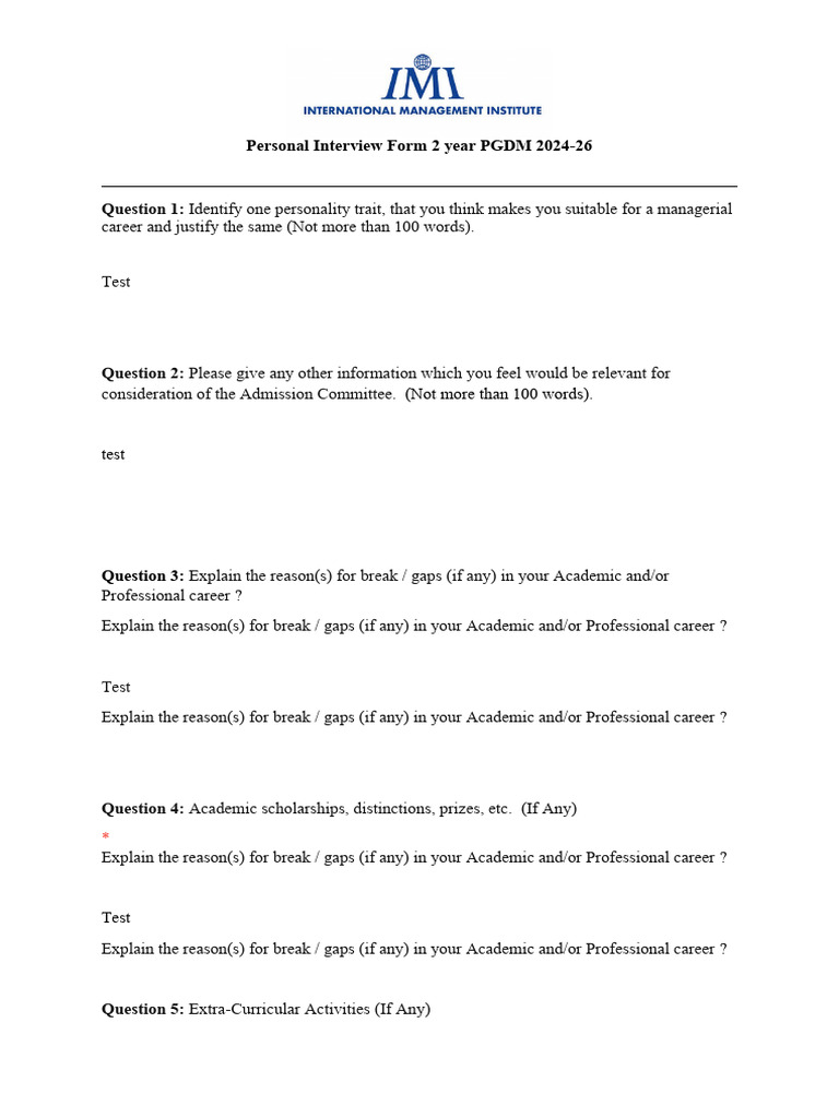 PGDM 2024-26 Personal Interview Form | PDF | Reason | Cognition