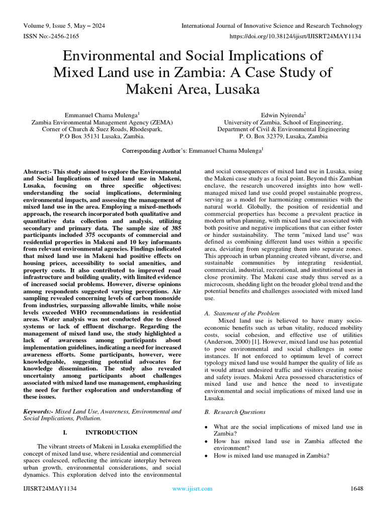 Environmental and Social Implications of Mixed Land Use in Zambia: A ...
