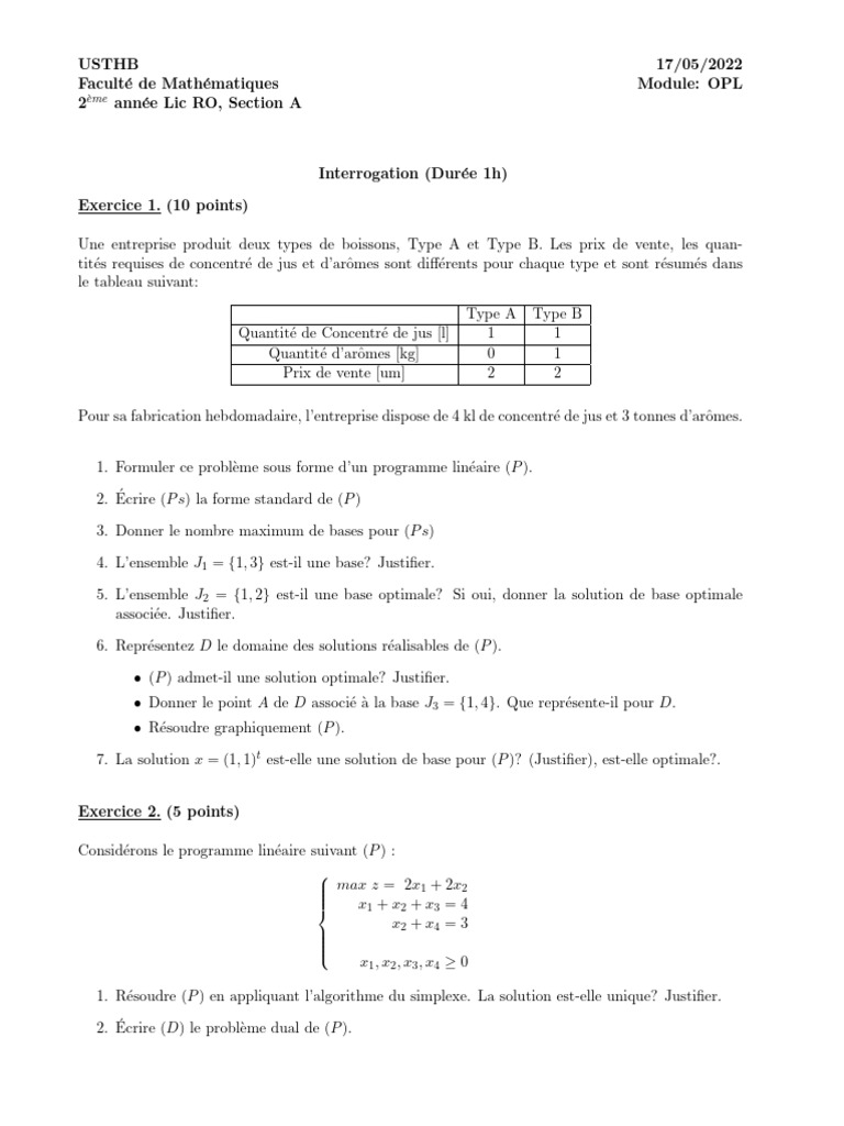 Interrogation OPL 2022 - Mathématiques | PDF | Optimisation linéaire ...