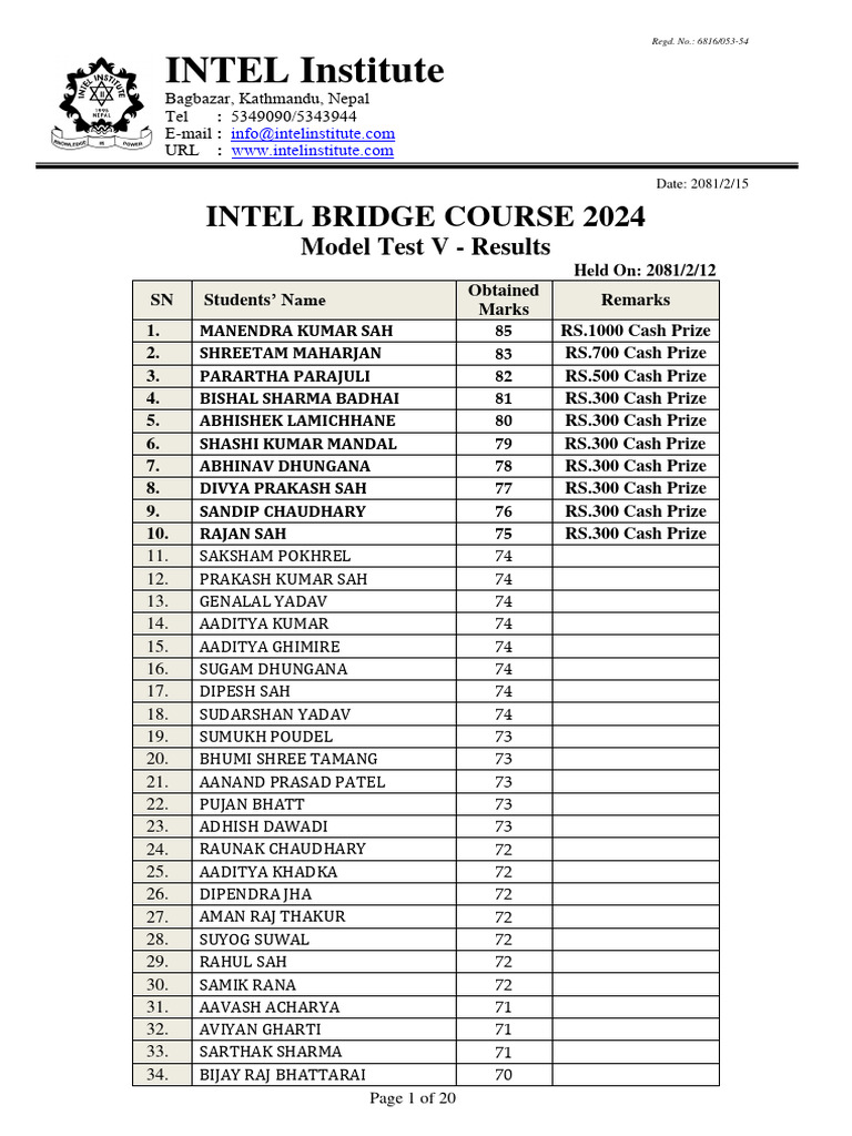 INTEL Bridge Course 2024 Results | PDF | Nepal