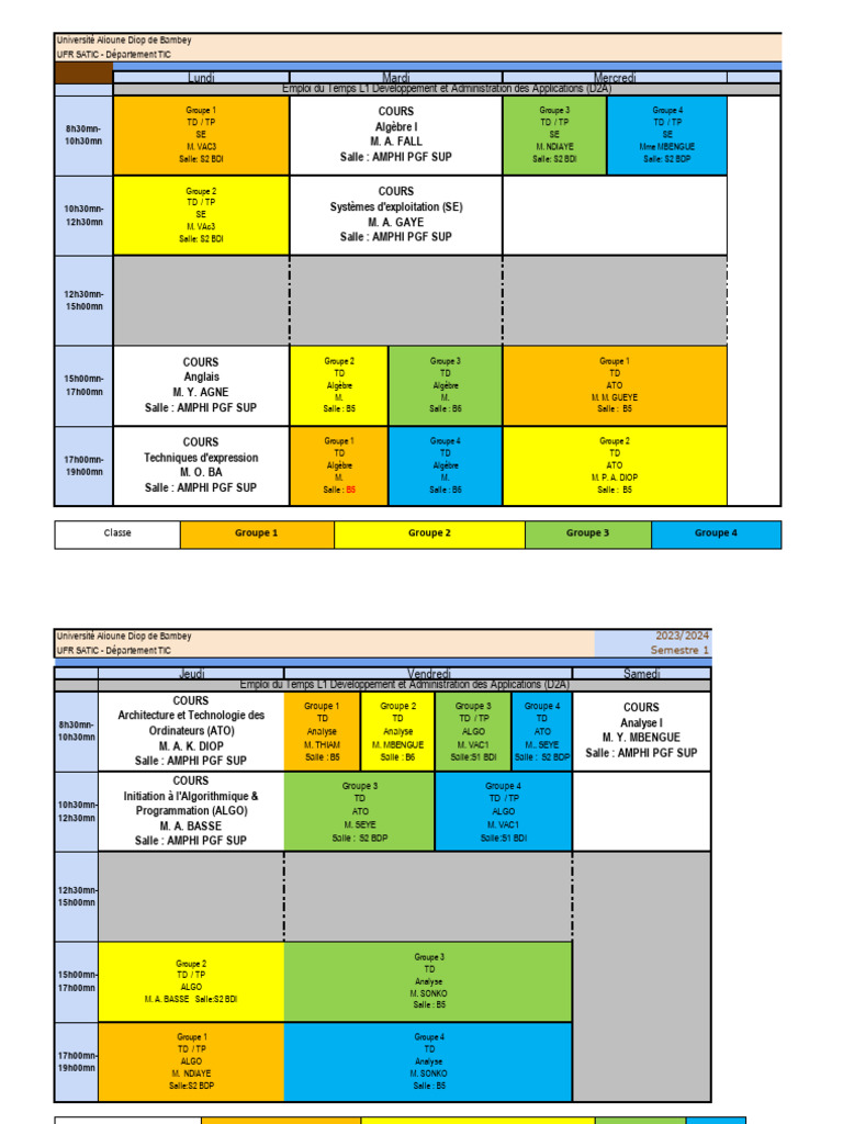 Emploi du Temps L1 D2A 2023/2024 | PDF