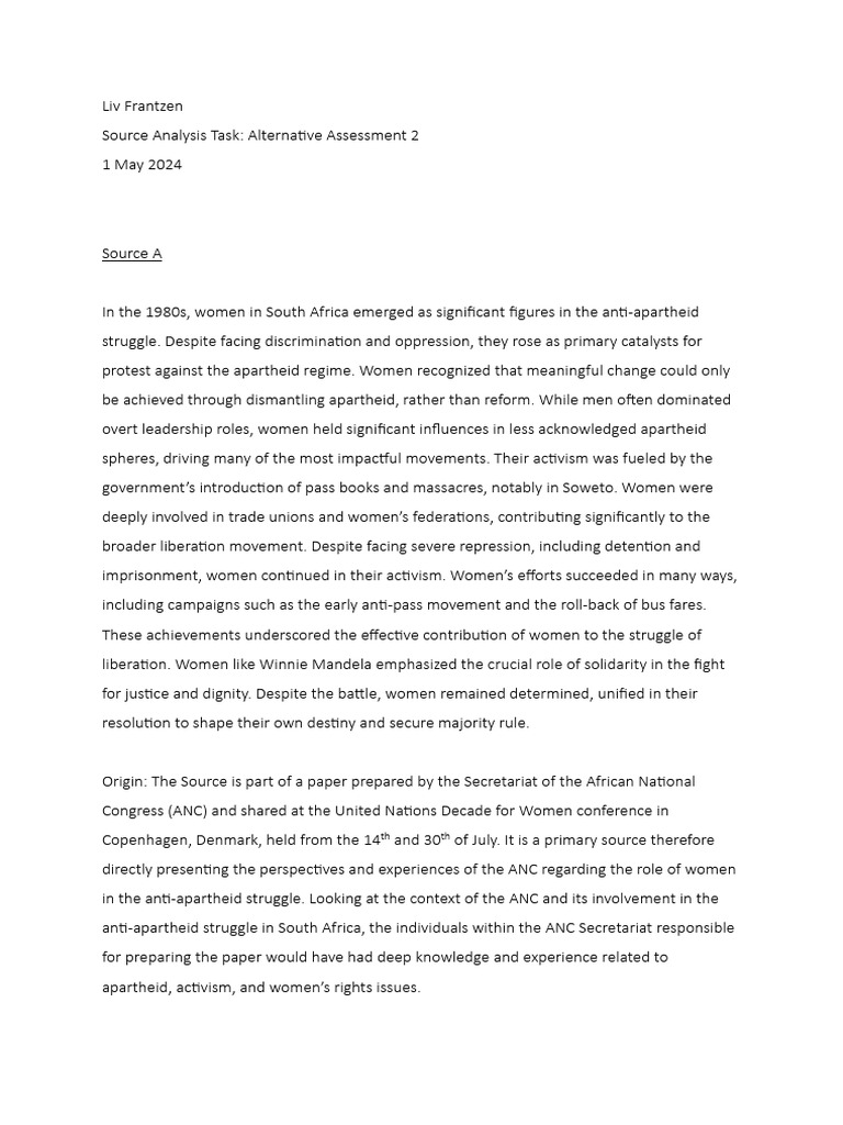 Women’s Activism in South Africa's Anti-Apartheid Movement | PDF ...