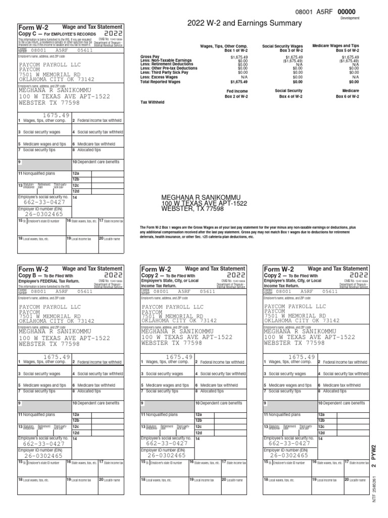 2022 W-2 Wage and Tax Statement | PDF | Payroll Tax | Irs Tax Forms
