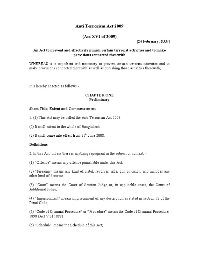 Anti Terrorism Act 2009 (English) | PDF | Bail | Asset Forfeiture