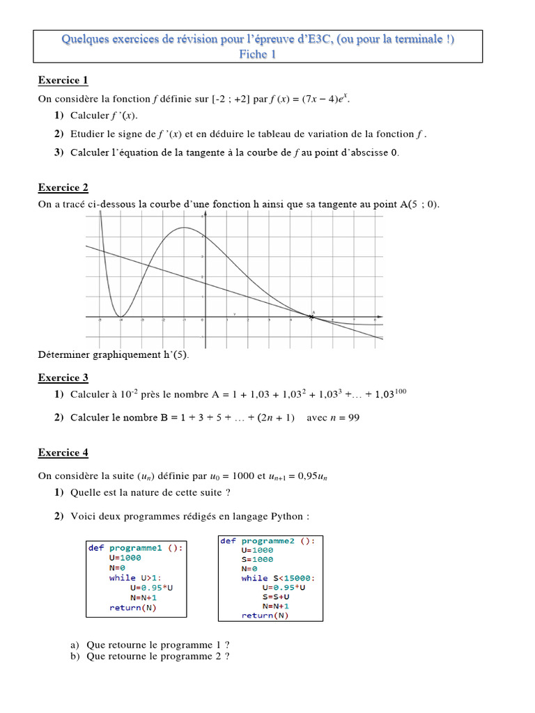 Exercices de mathématiques E3C | PDF | Théorie des probabilités ...