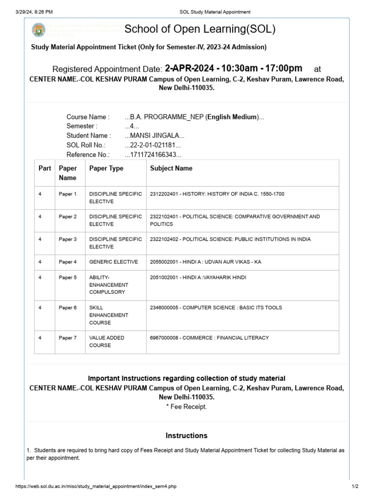 Sol study material appointment pdf
