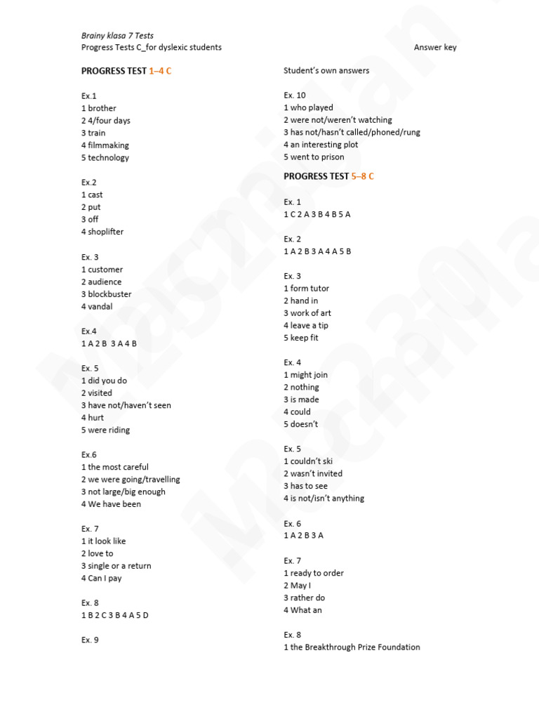 Brainy 7 Tests Answer Key | PDF