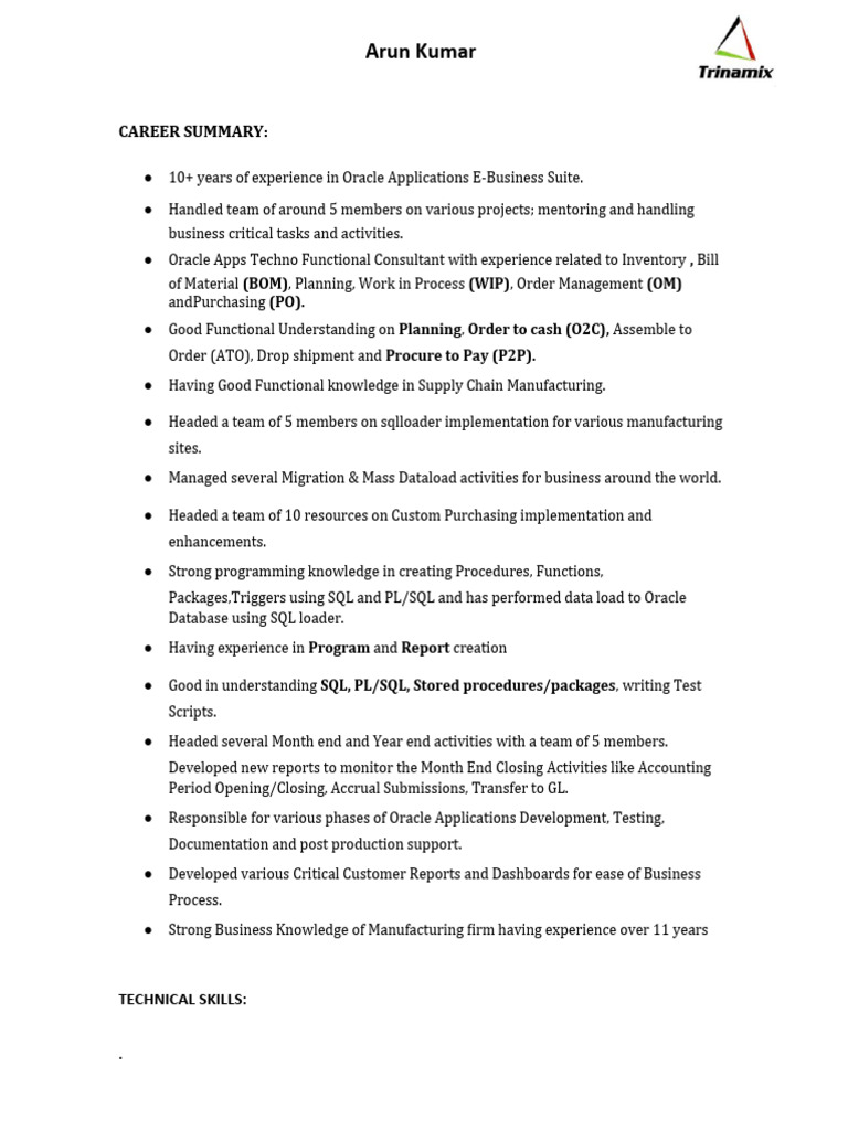 SCM Consultant - Arun Kumar | PDF | Oracle Corporation | Computing