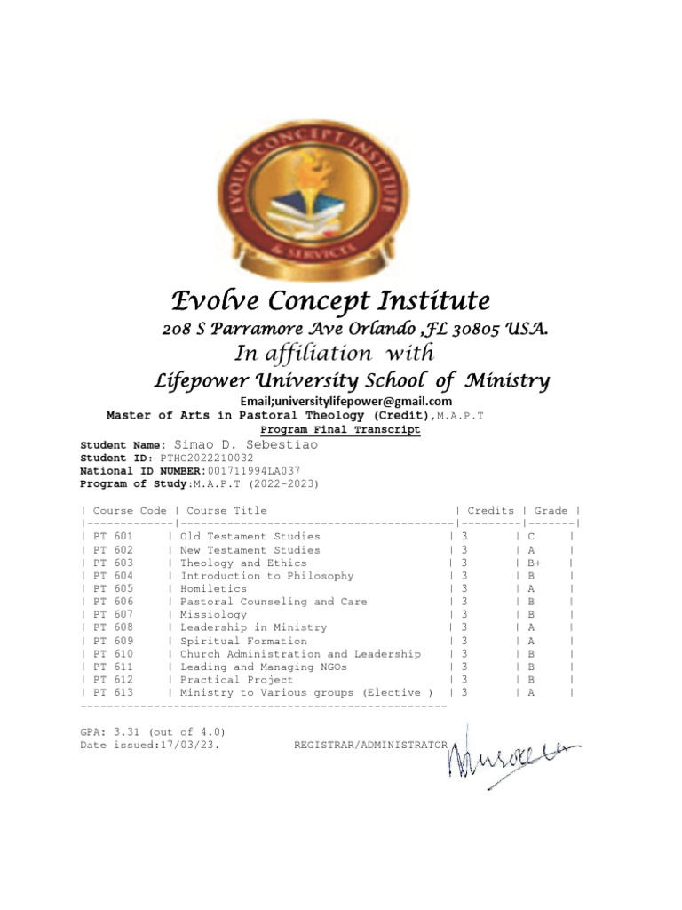 M.A.P.T Final Transcript for Simao Sebestiao | PDF | Career & Growth