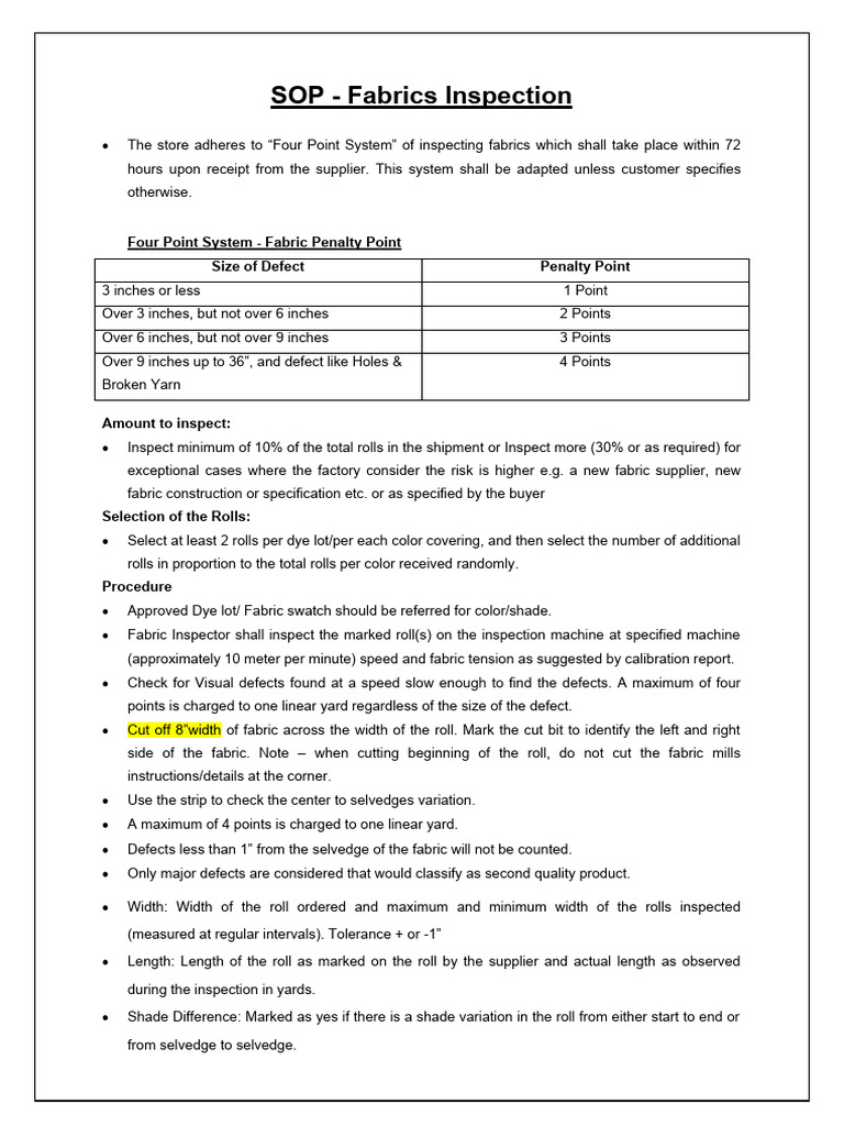 Four Point Fabric Inspection SOP | PDF | Yarn | Textiles