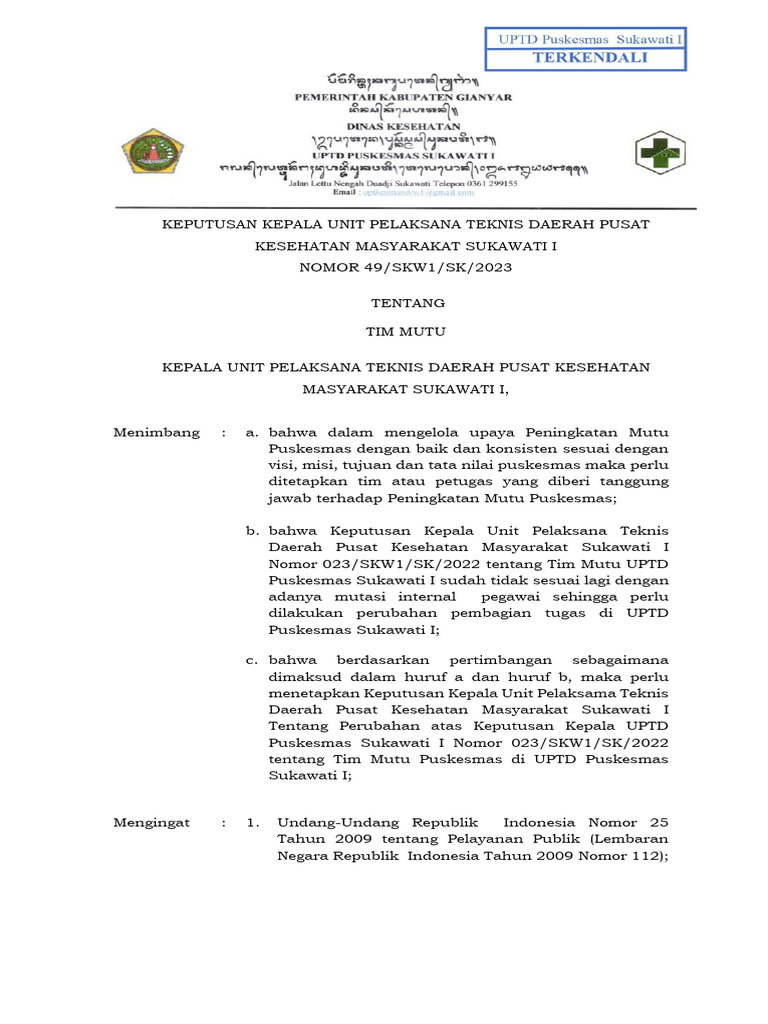 Keputusan Tim Mutu Puskesmas Sukawati I | PDF