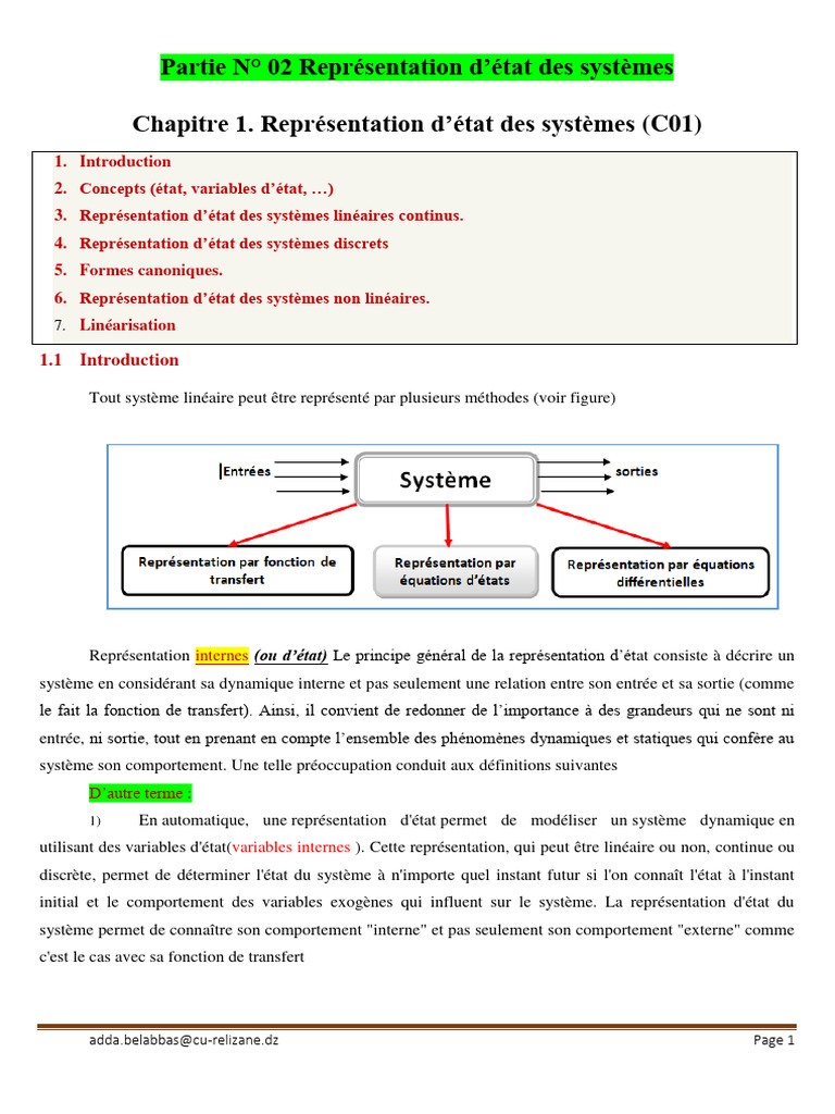 Représentation d'état des systèmes dynamiques | PDF | Matrice ...