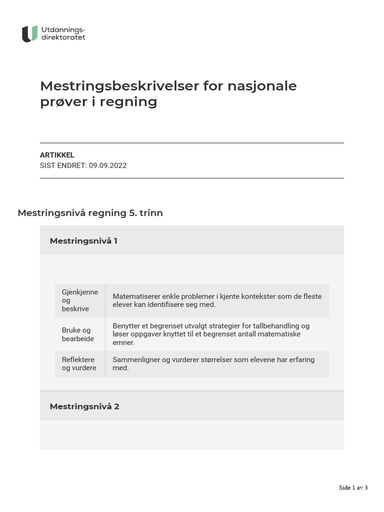 Mestringsbeskrivelser For Nasjonale Prøver I Regning | PDF