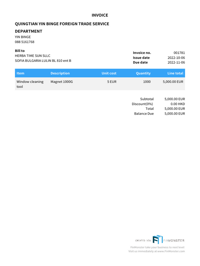 Invoice Quingtian Yin Binge Foreign Trade Service Department | PDF