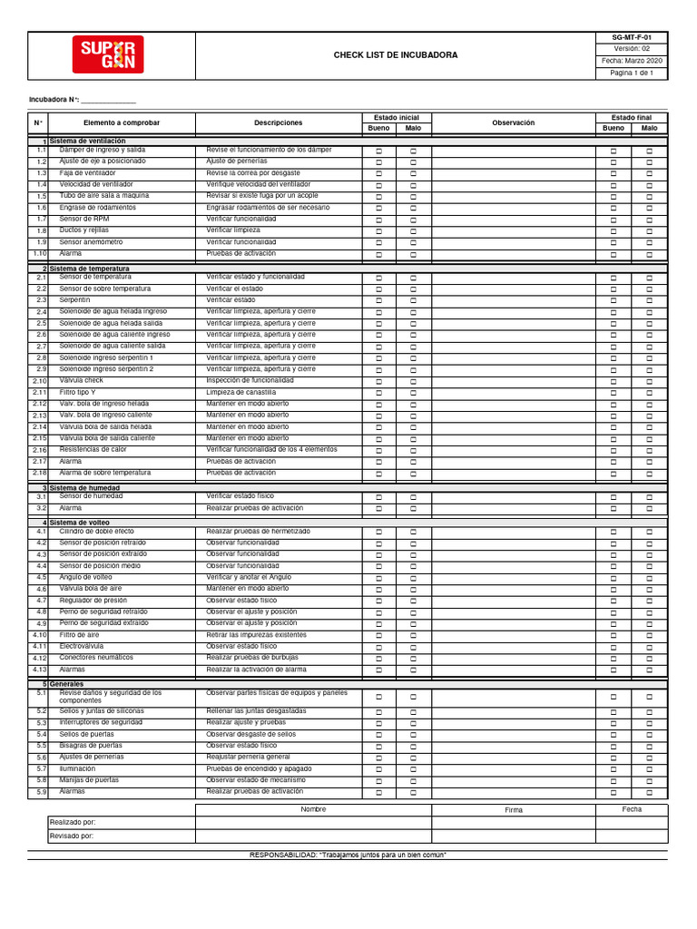 SG-MT-F-01 Check List de Incubadora v.02 - Con Frase | PDF