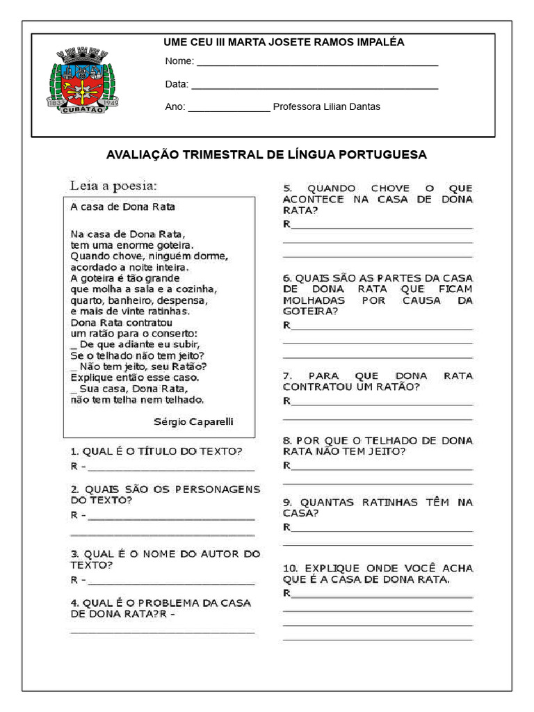 Avaliação 1º Trimestre de Língua Portuguesa | PDF | Sílaba
